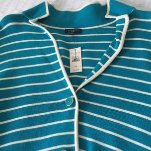 Talbots Turquoise/Teal Striped And Teal BoatNeck Cardigan-Petite/S Womens NWT